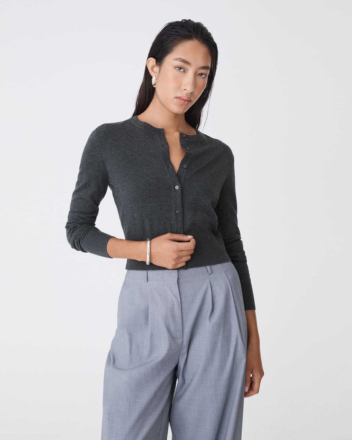 Cassie Crew Neck Cardigan in charcoal marle — close-up view 2