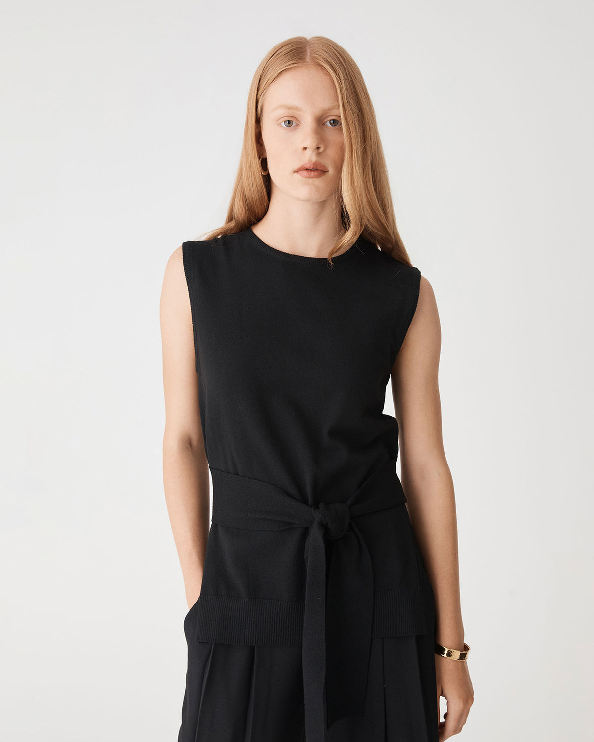 Nora Sleeveless Tie Waist Knit in black — close-up view