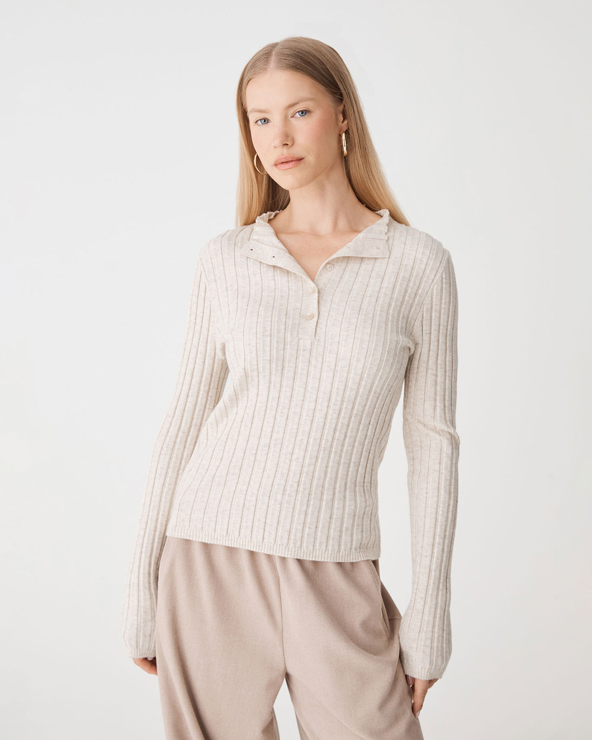 Inez Mock Neck Henley Knit in eggnog — close-up view