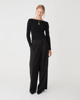 Logan Button Keyhole Rib Knit in black — full-length view