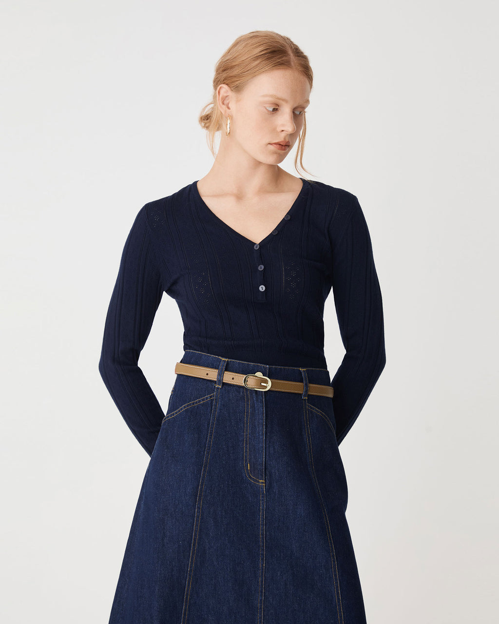 Lacey Pointelle Knit in navy — close-up view