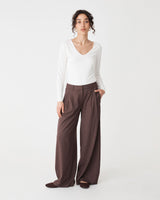 Arden Mid Rise Pleated Pants in dark mocha — full-length view