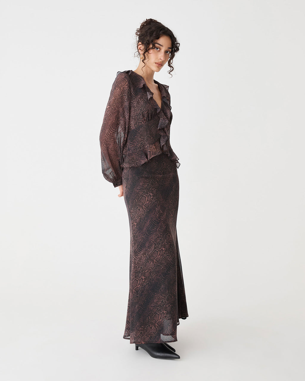 Sonia Snake Maxi Skirt in brown snake — side view