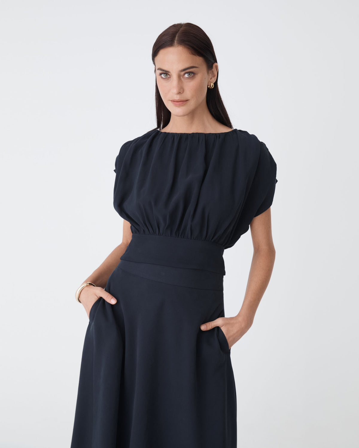 Goulbury Tie Waist Top in navy — close-up view 3