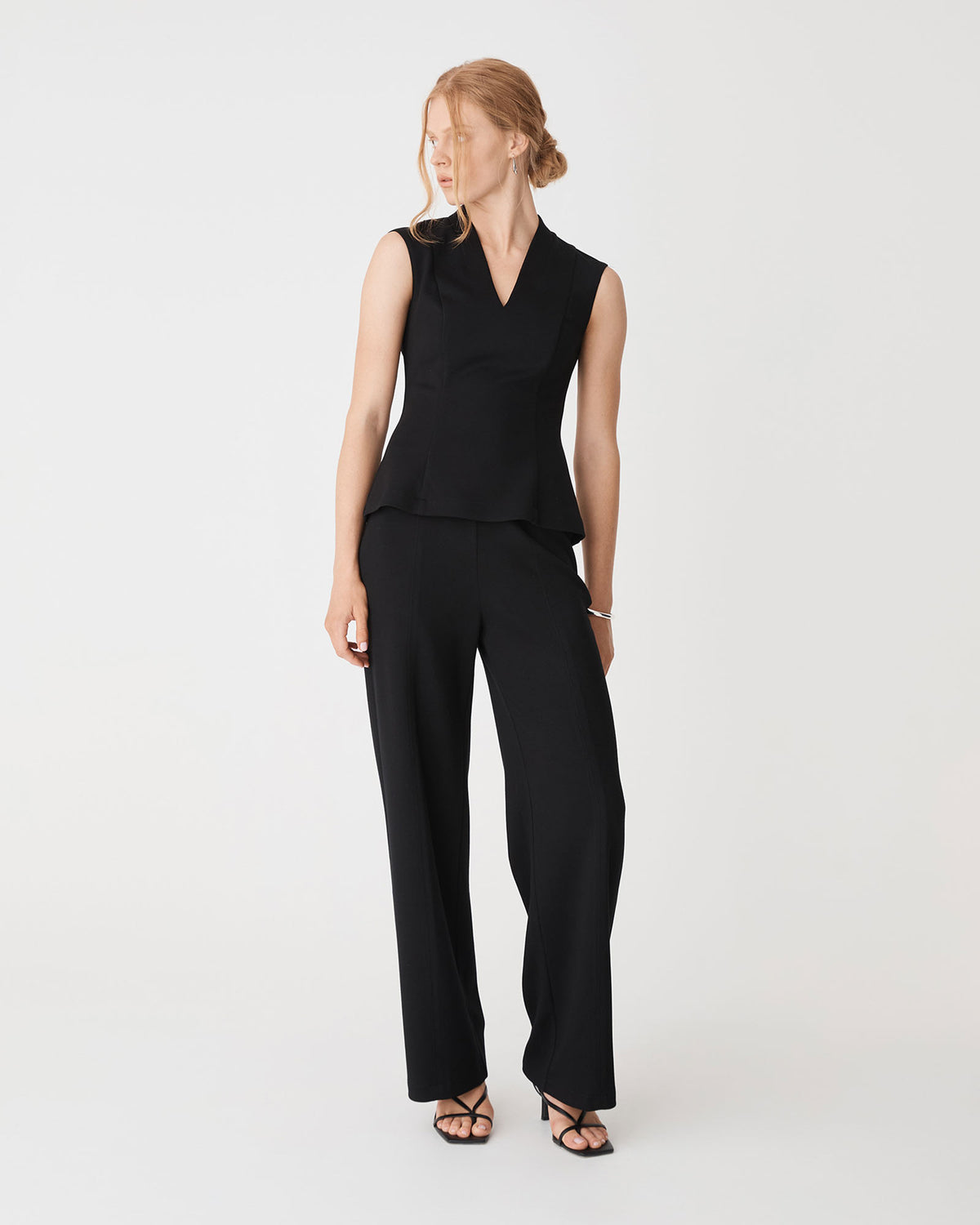 Juno V-Neck Ponte Top in black — full-length view 2