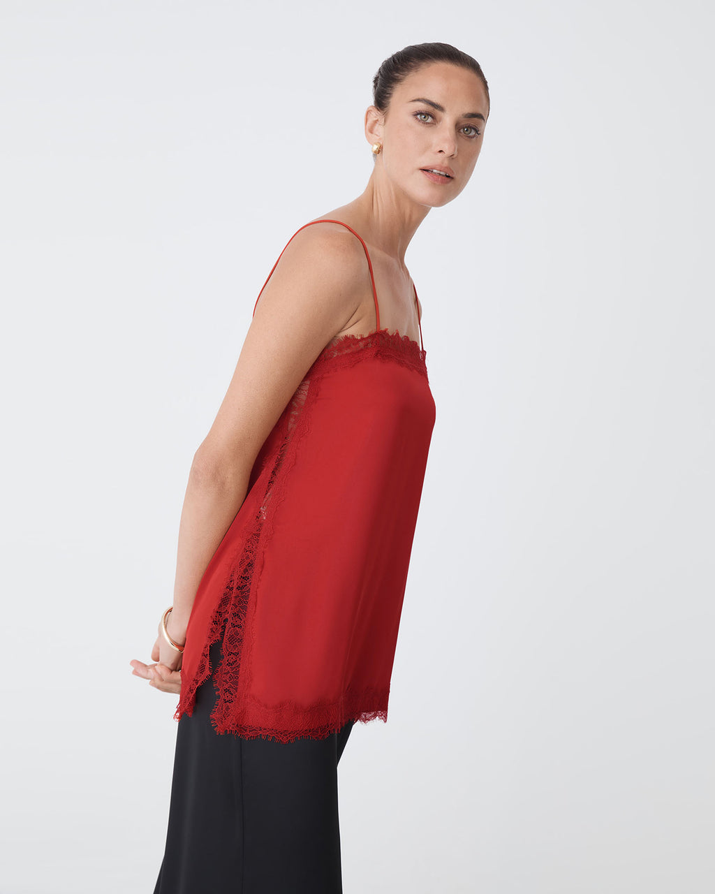 Cleo Lace Trim Satin Camisole in scarlet — side view