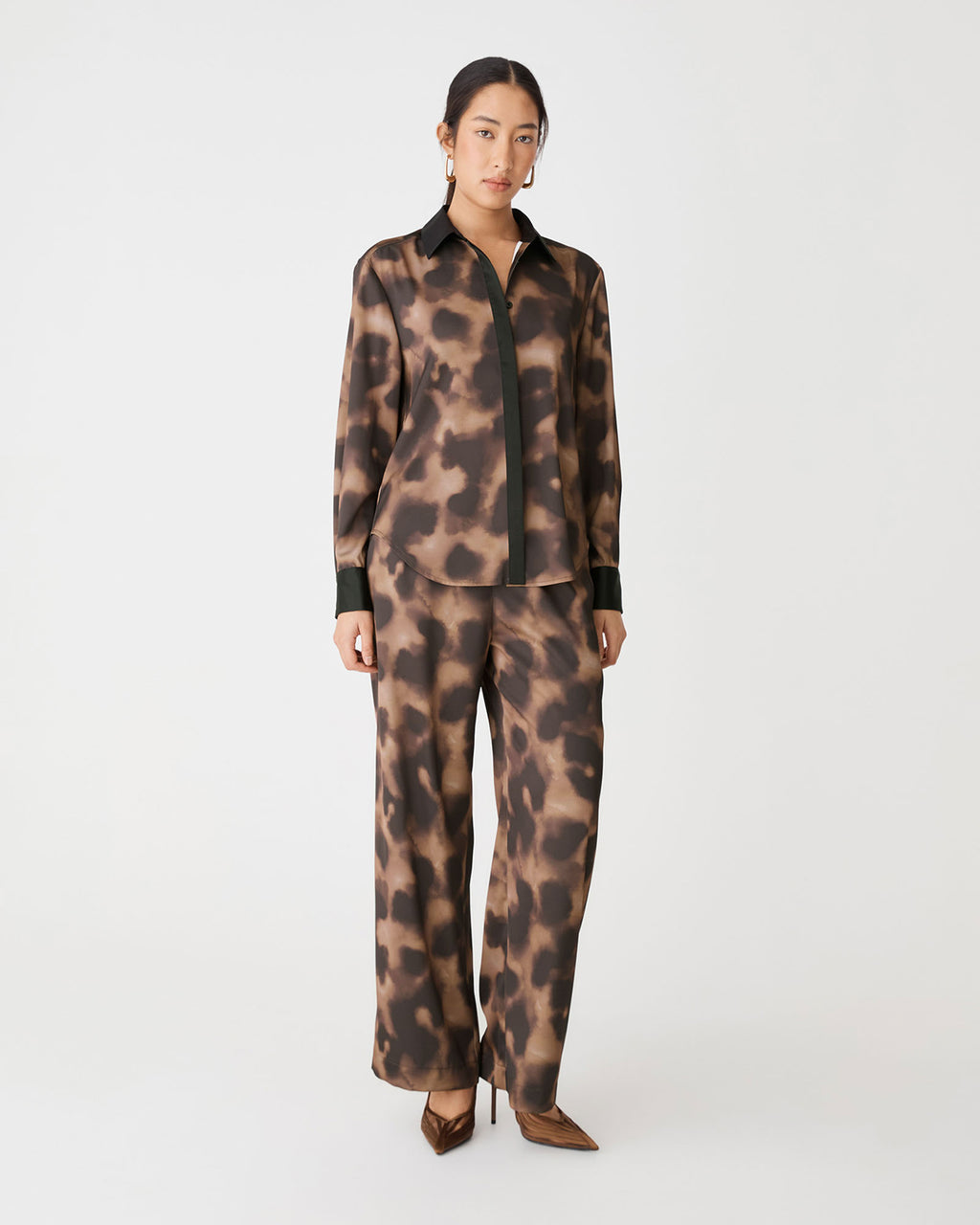 Savanna Printed Satin Shirt in brown abstract — full-length view