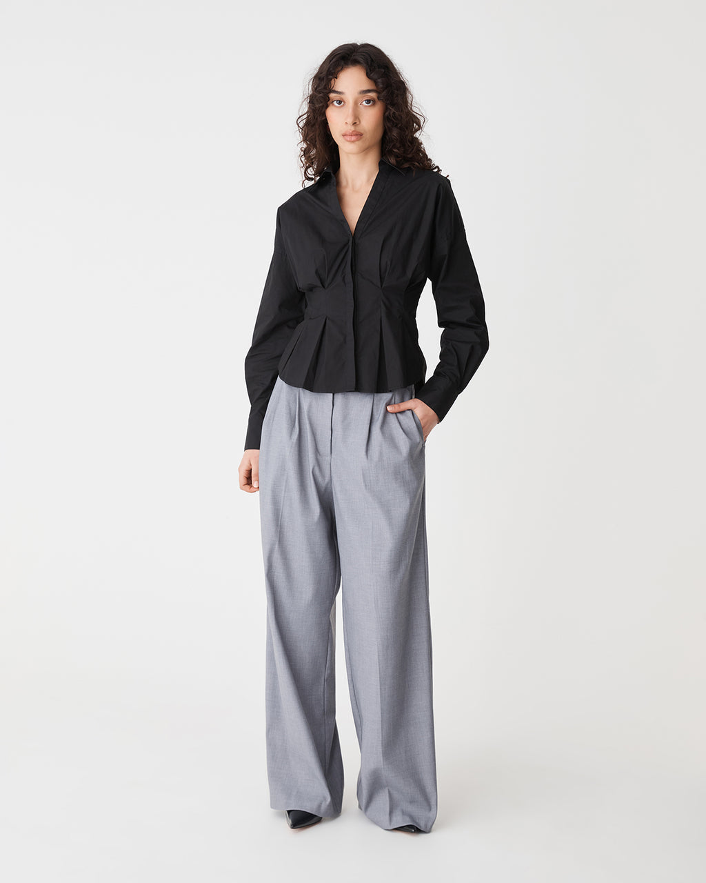 Billie Pleat Waist Shirt in black — full-length view