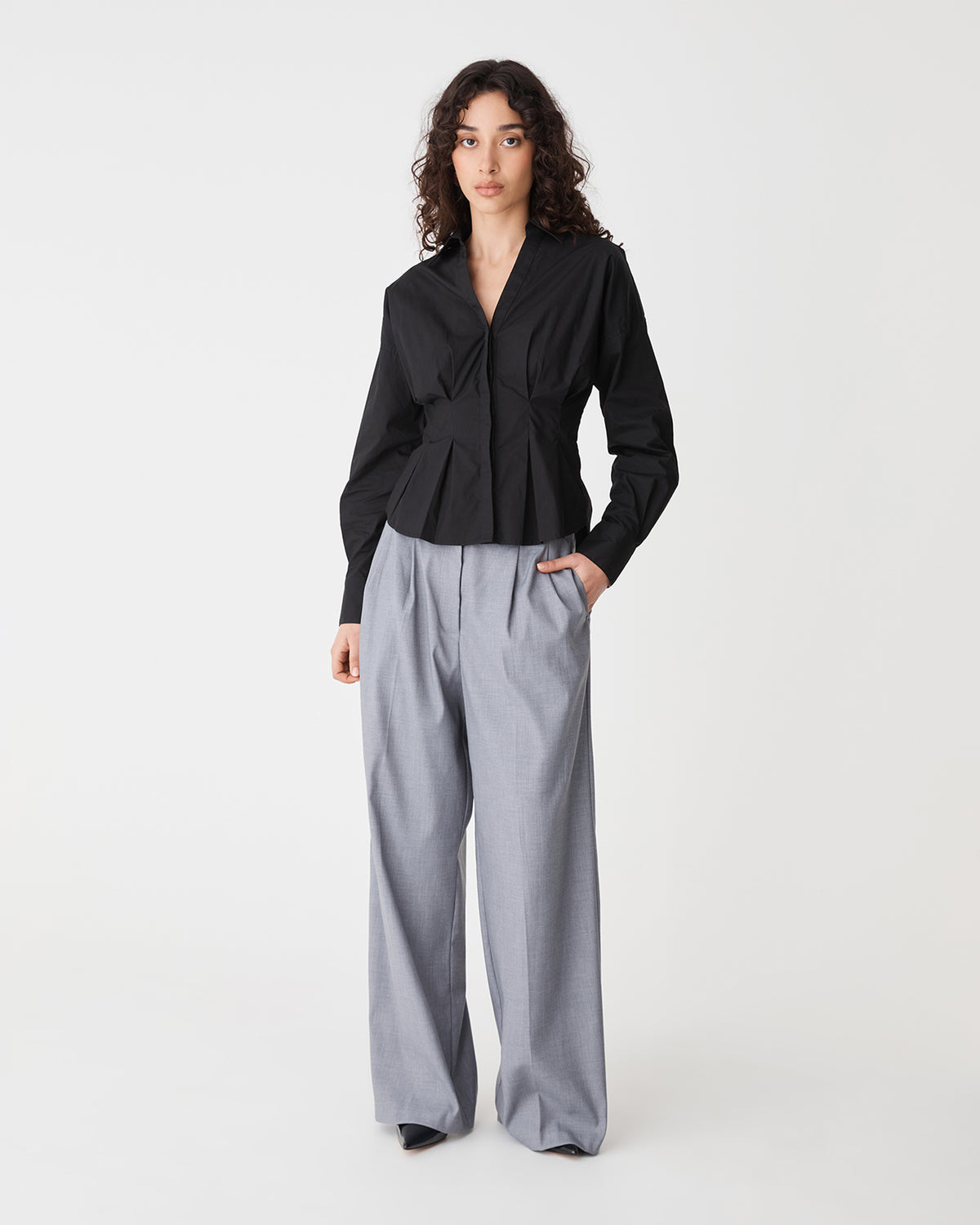 Billie Pleat Waist Shirt in black — full-length view