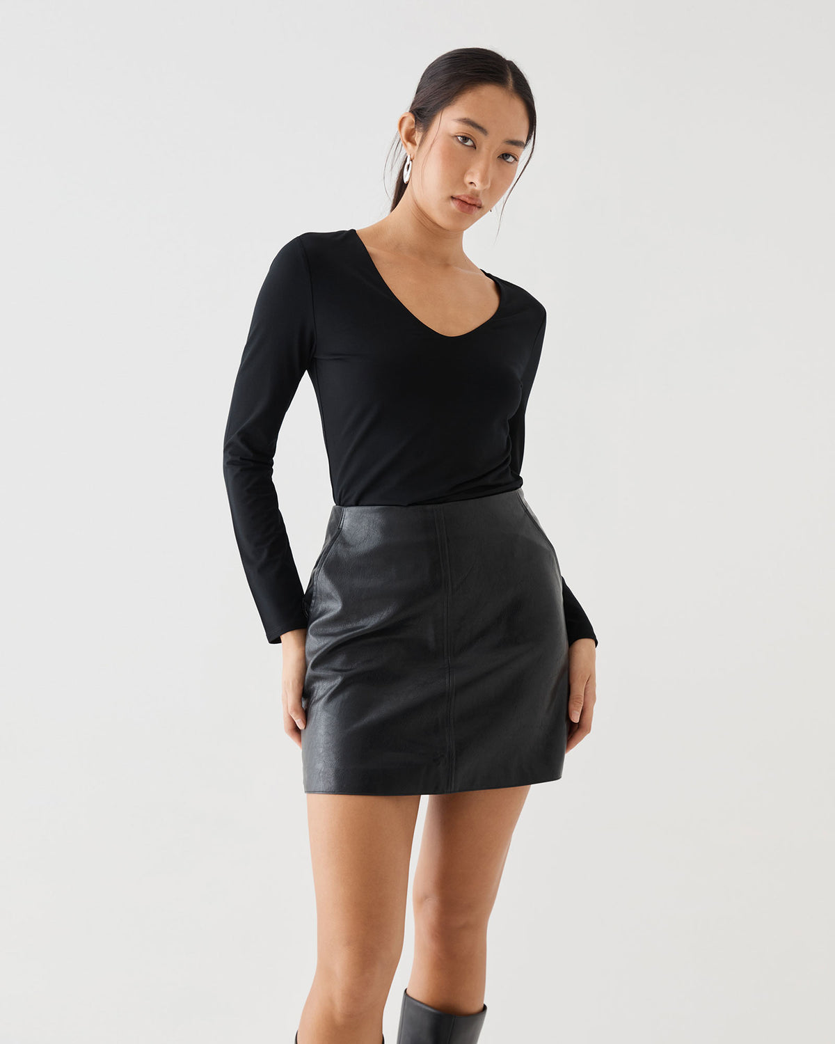 Isla V-Neck Bamboo Top in black — close-up view 2