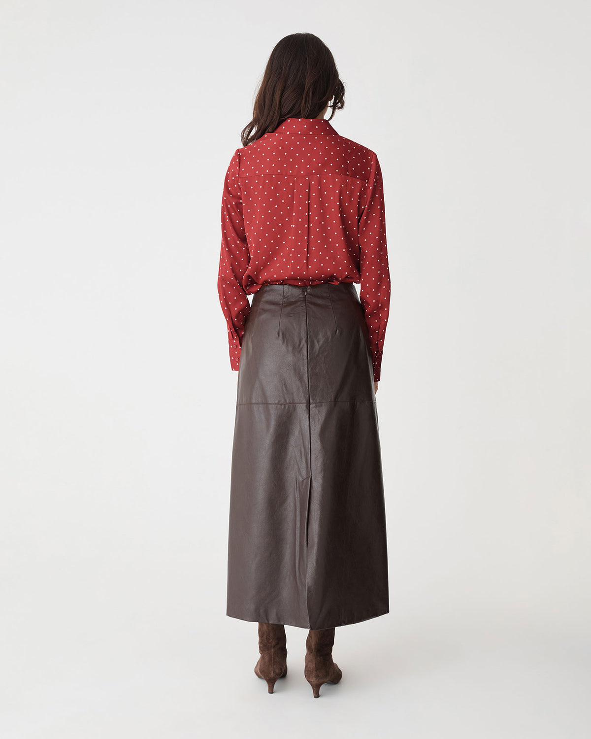 Courtney Satin Spot Shirt in dark red dot — back view