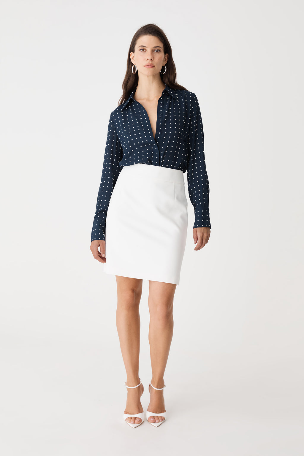 Danielle Spot Shirt in navy with white polka dot print, front view, worn with a white skirt