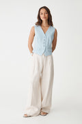 Melanie Tailored Vest in sky blue, front view worn with cream wide-leg trousers