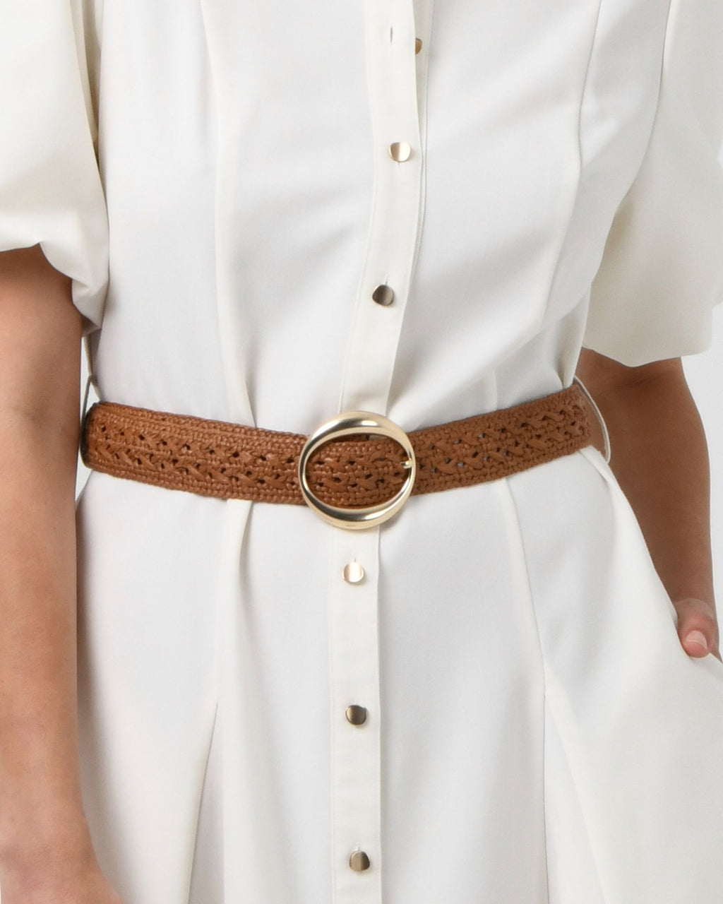Detail of the woven crochet strap and gold-tone buckle, front view