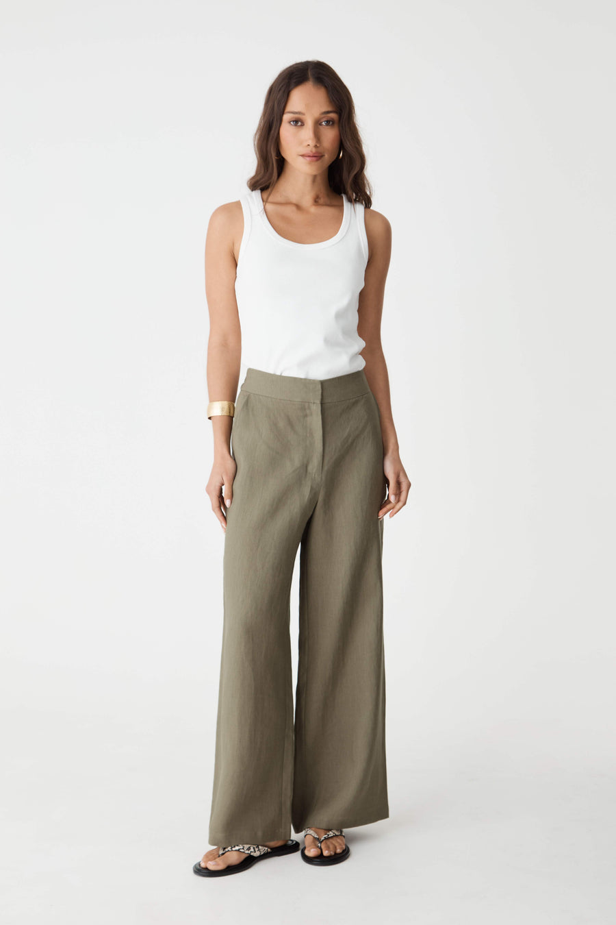 Ami Linen Elastic Back Pants in oregano, front view, wide-leg trousers worn with a white tank top