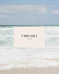 Digital Gift Card in cream with Forcast lettering, shown over an ocean and breaking waves background
