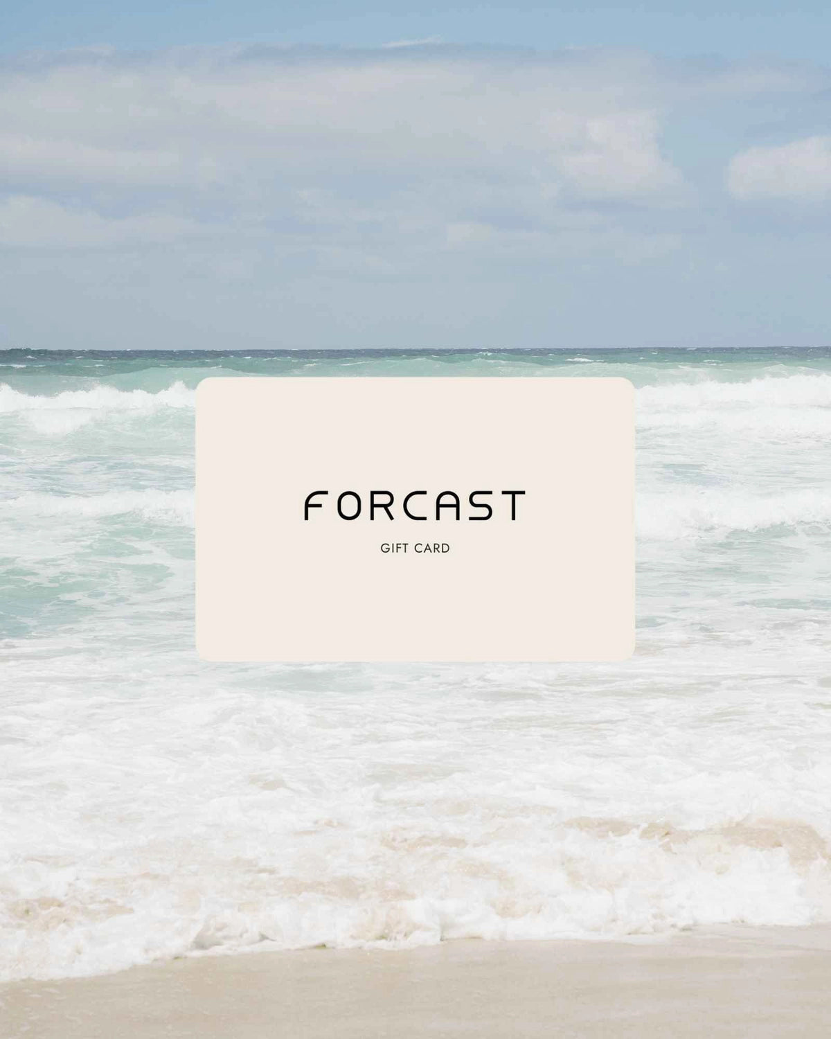 Digital Gift Card in cream with Forcast lettering, shown over an ocean and breaking waves background