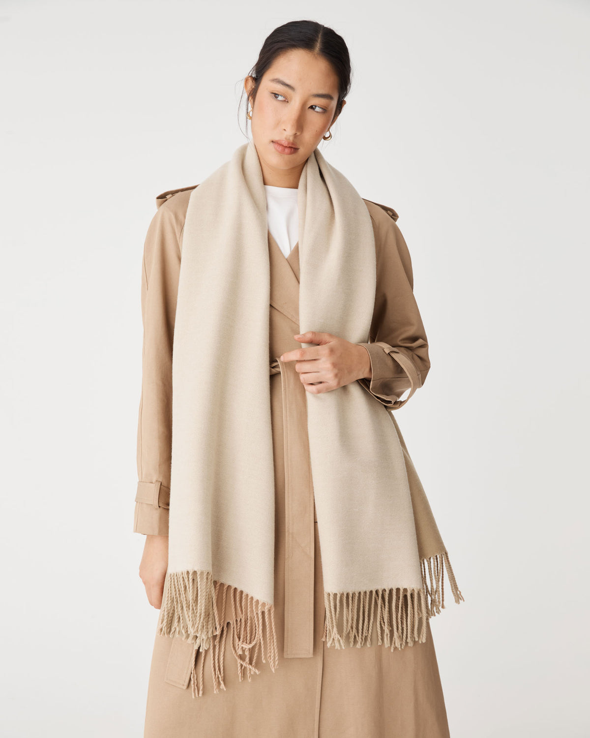 Grace Wool Blend Scarf in camel beige — fabric detail